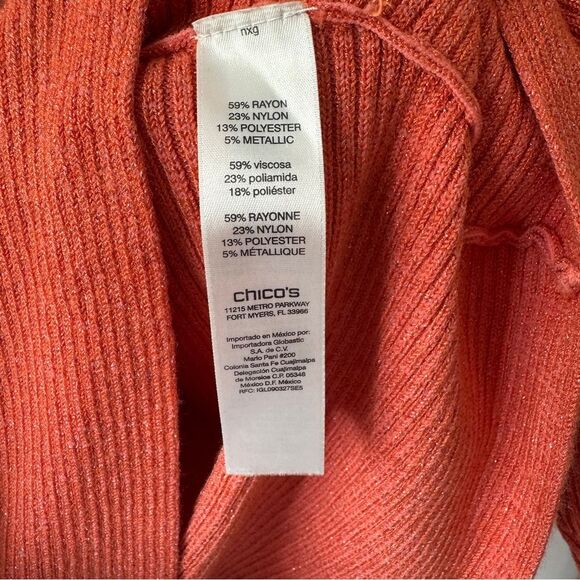 Chico's Women Orange Coral Metallic Ribbed Banteau 3/4 Sleeve Sweater Sz 2 Large - Picture 7 of 7
